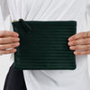 Big Pouch, douglas fir green, HANDMADE STRIPE EMBOSSING, eco nappa, make up bag, clean evening bag, made in germany