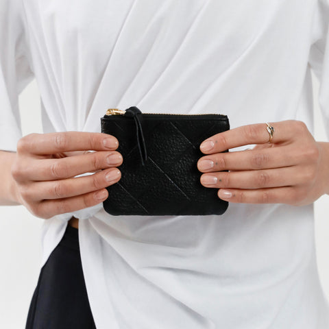 mini pouch, black with handmade rhomboid embossing,  eco edition, eco nappa, early