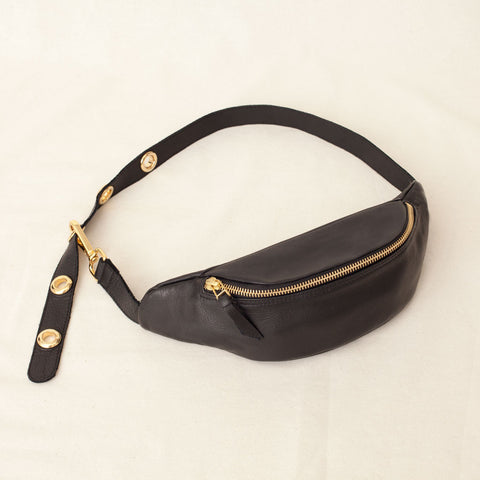 slim hipbag, black, eco nappa, compartment for keys or phone, 6 eyelet belt, made in germany